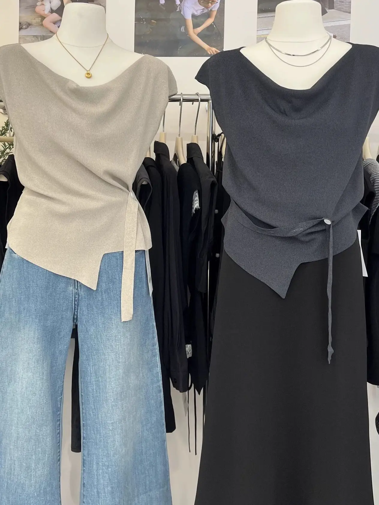 Koreańska bluzka damska z dzianiny lodowego jedwabiu, letnia, wyszczuplająca w talii, asymetryczny krój, wygodna koszulka.