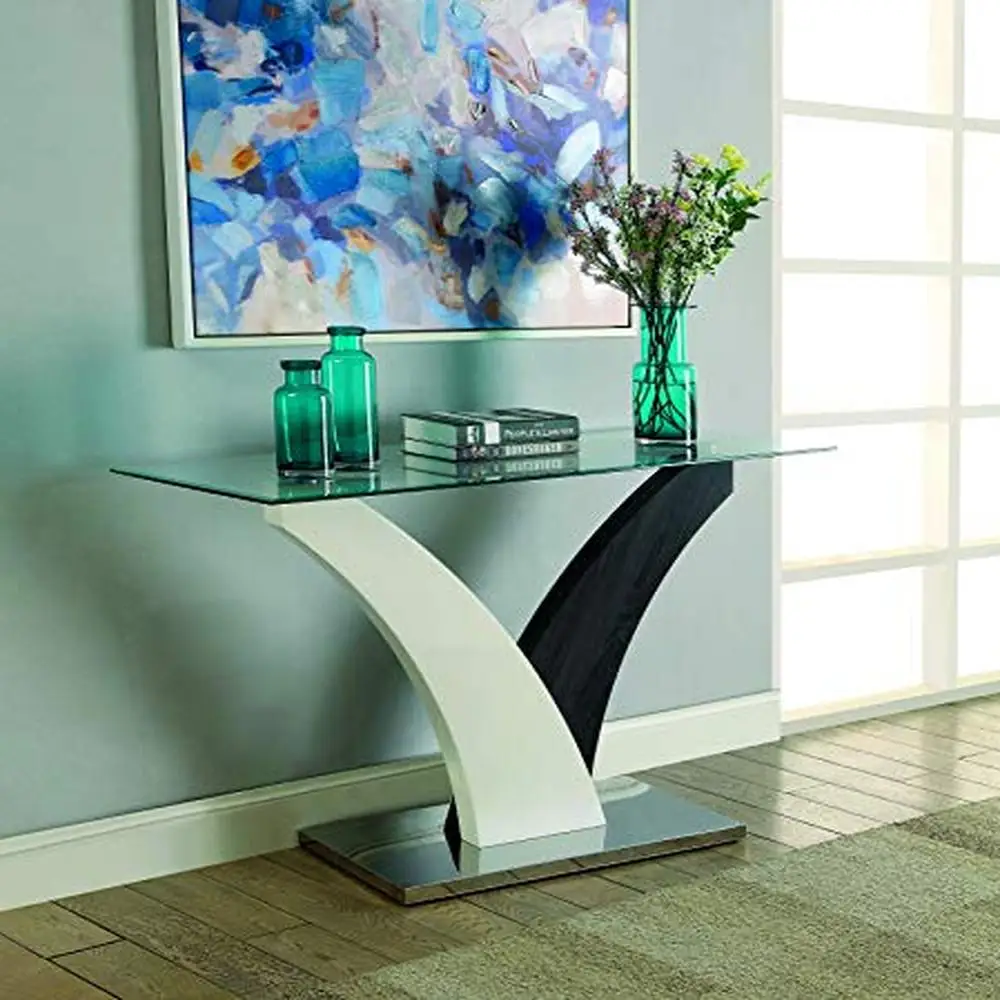 Contemporary Glass Top Console Table Stainless Steel White Dark Gray V-Shaped Legs 48