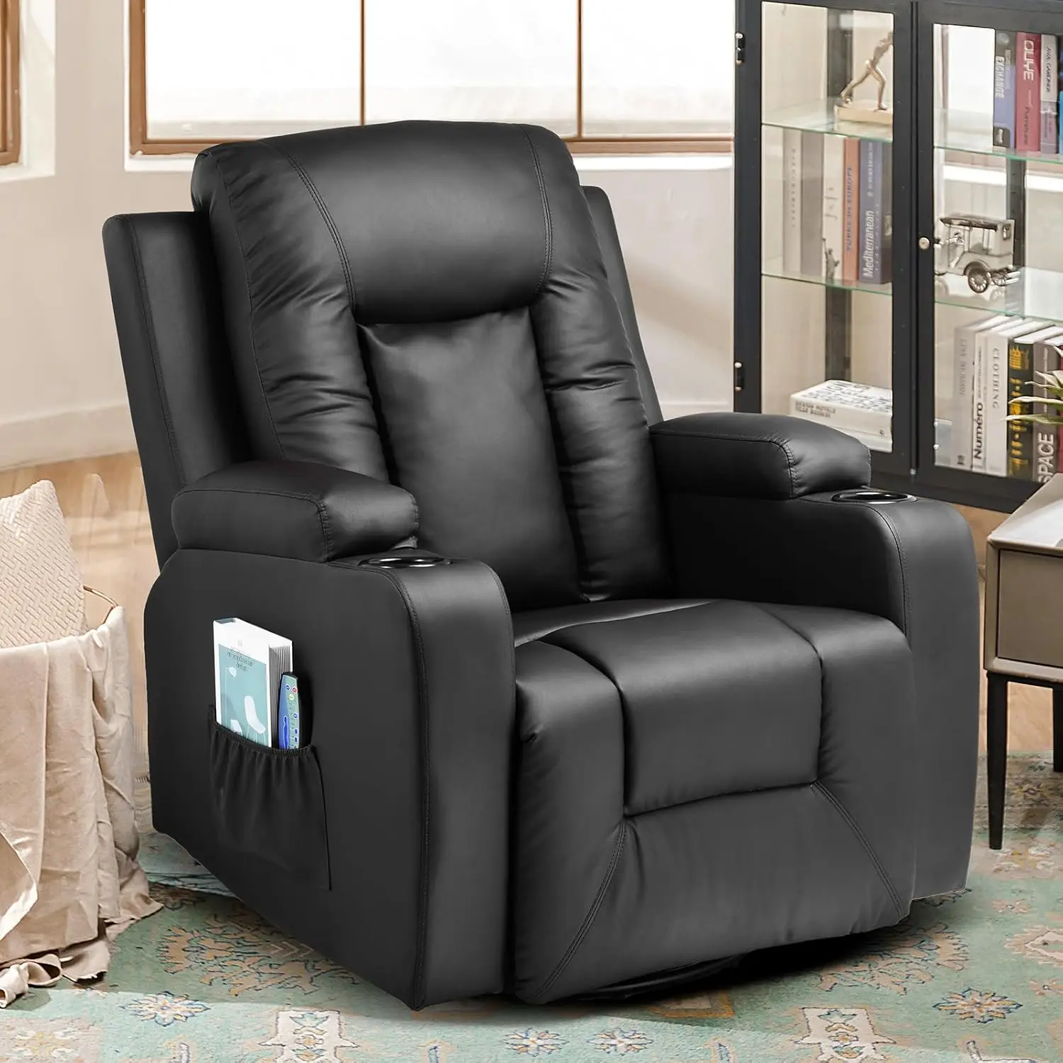 Recliner Chair, PU Rocking Chair for Adults, Swivel Recliner with Cup Holders, Heat and Massage, Single Sofa Seat with S