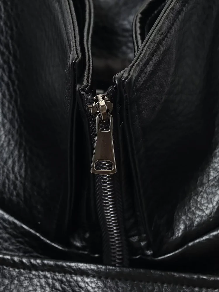 Chaqueta de cuero con doble cuello y cinturón de color sólido con temperamento versátil a la moda para mujer de estilo europeo