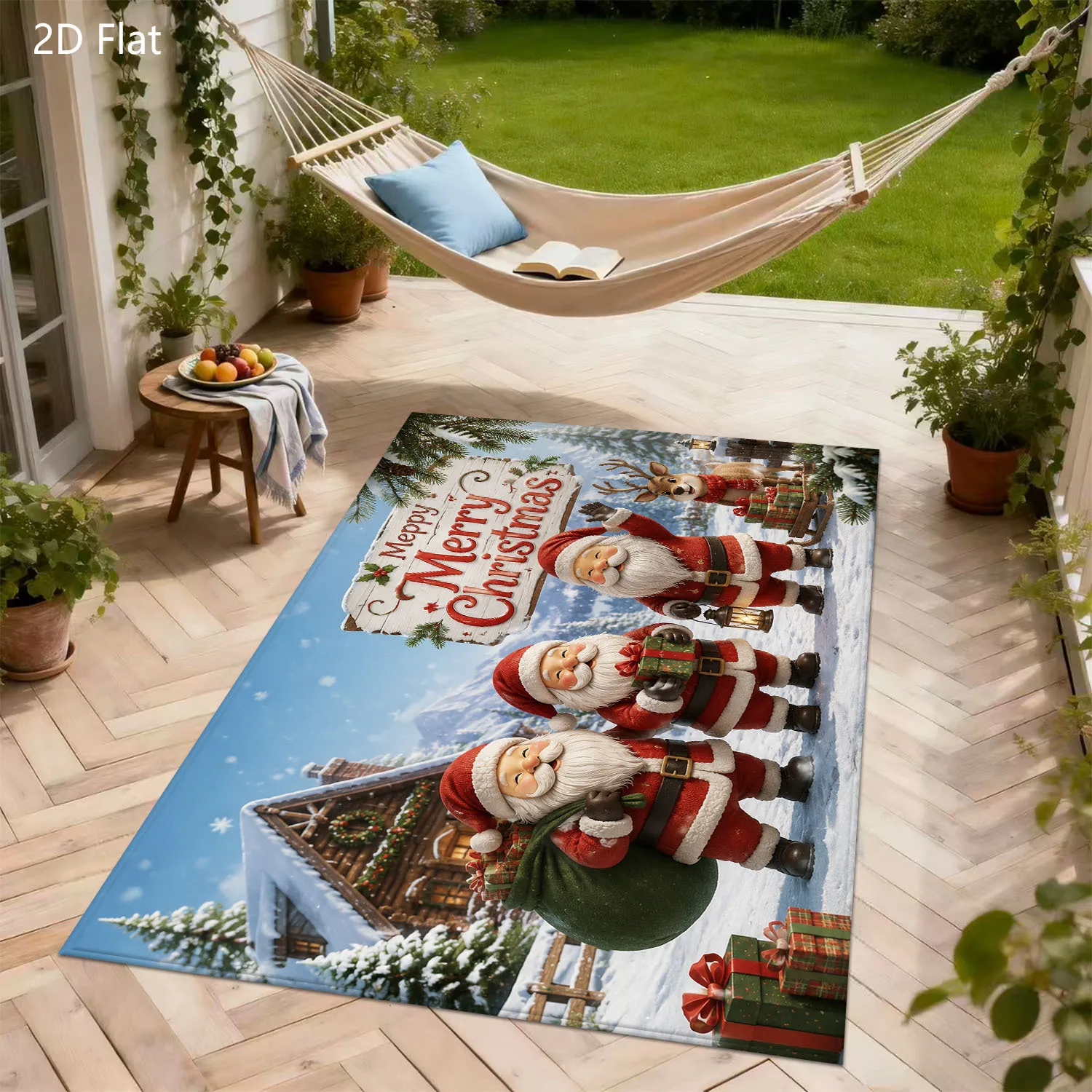 1pc 2D Flat Santa Claus Reindeer Merry Christmas Gift Printed Floor Mat, Decorative Rug for Living Room, Bedroom, Home