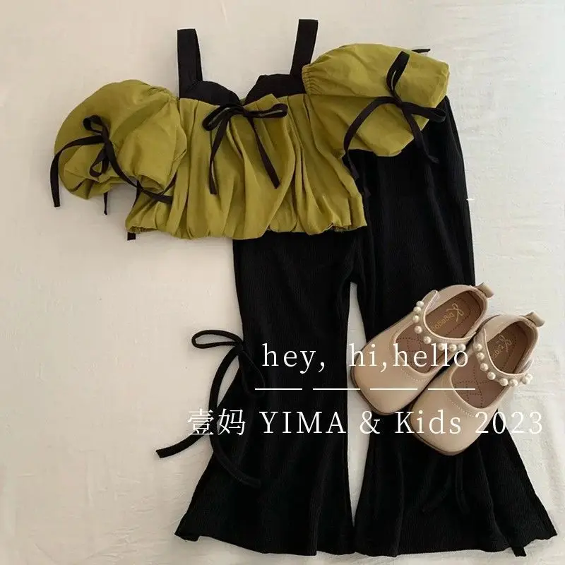 בגדים של ילדים סטים סטים ערכות שרוול הבועה + מכנסיים מרופגים 2 יח 'סטים בגדים בנות תינוק בגדי ילדה