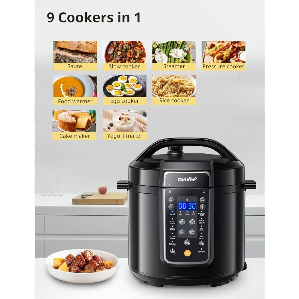 9-in-1 Electric Pressure Cooker, 14 Presets Instant Multi Cooker Non-Stick Slow Cooker Sauté Steamer 6 Quarts Black