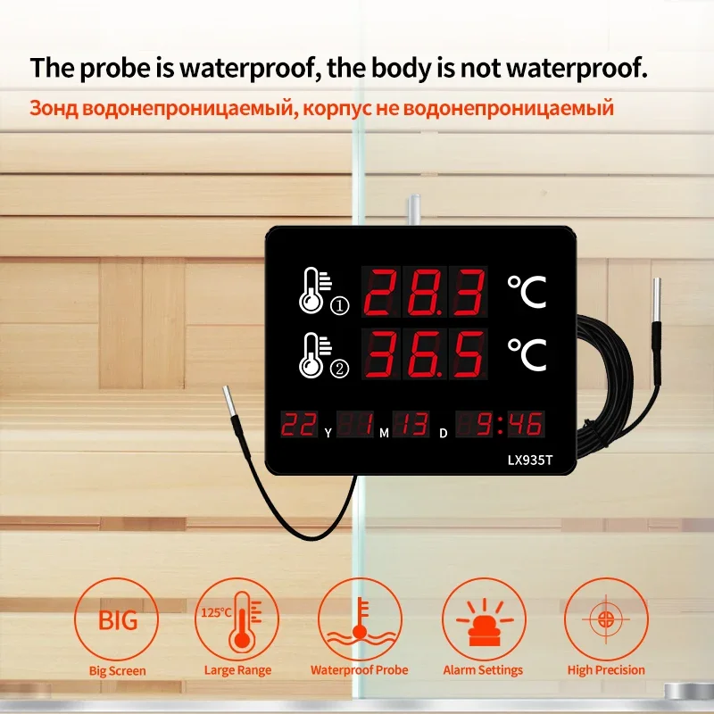 Sauna Thermometer Led Multifunctional Digital Rooms Thermometer with Waterproof Temperature Sensor Thermometer for Swimming Pool