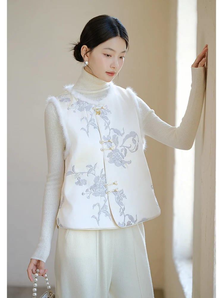

Autumn Winter New Sle Chinese National Sle High End Vest Fur Collar Traditional Hanfu Women's Clothing Faionable Top