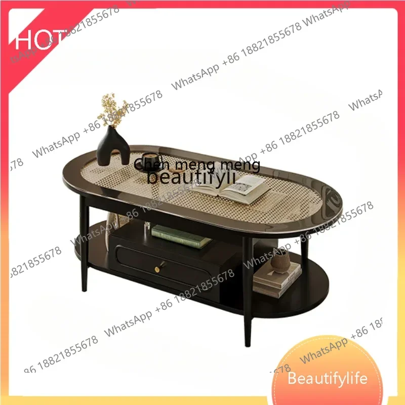 

z1q American Retro Style Rattan Oval Tea Table Mid-Ancient Multi-Functional Black Tea Table