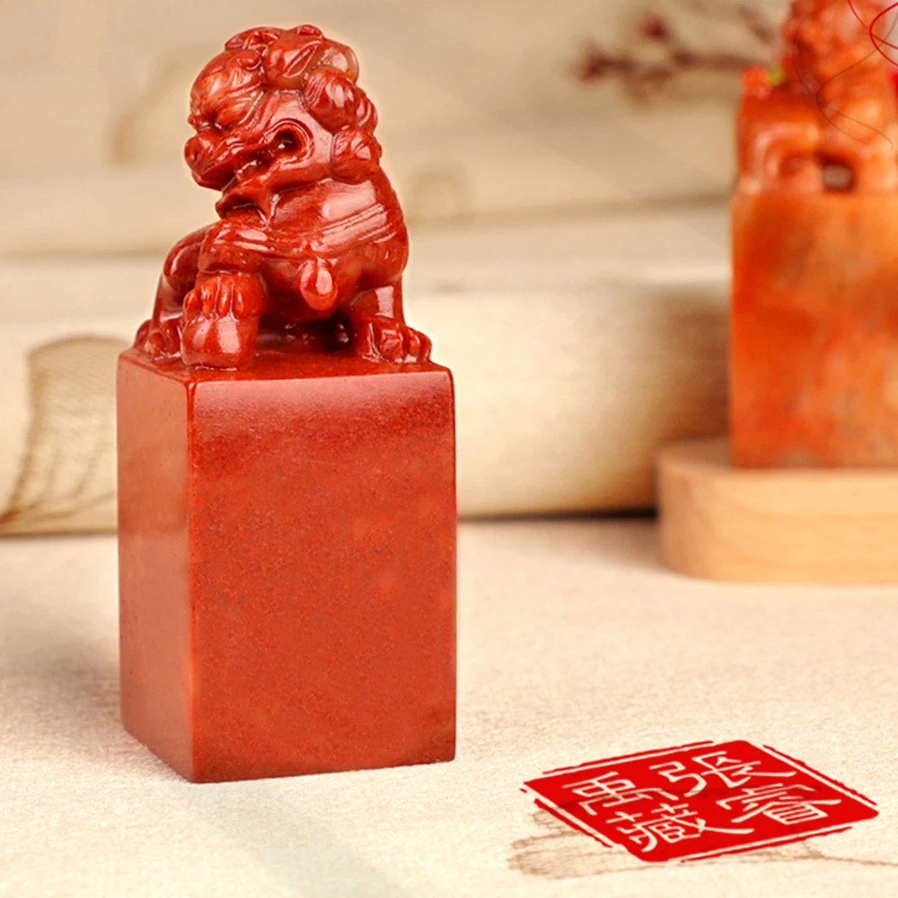 

Red Shoushan Stone Seal Lion Carved Square Name Stamps Calligraphy Painting Customize Personalized Signature Seals Teacher Gifts