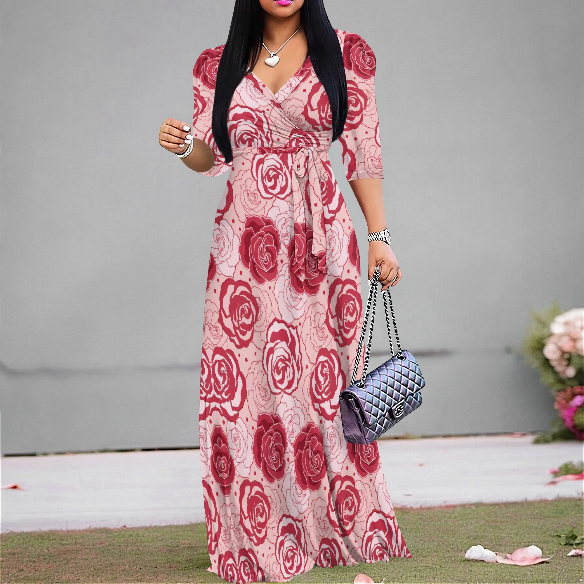

Women's Blue Floral Wrap Maxi Dress Long Sleeve Summer Chic