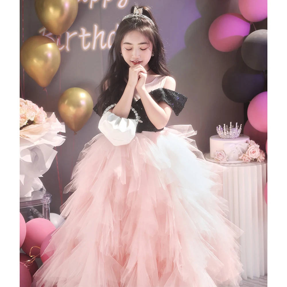 3-10T Girl's Light Luxury Birthdays Party Princess Dresses Children's Sequins Off Shoulder Piano Performances Puff Hem Gown