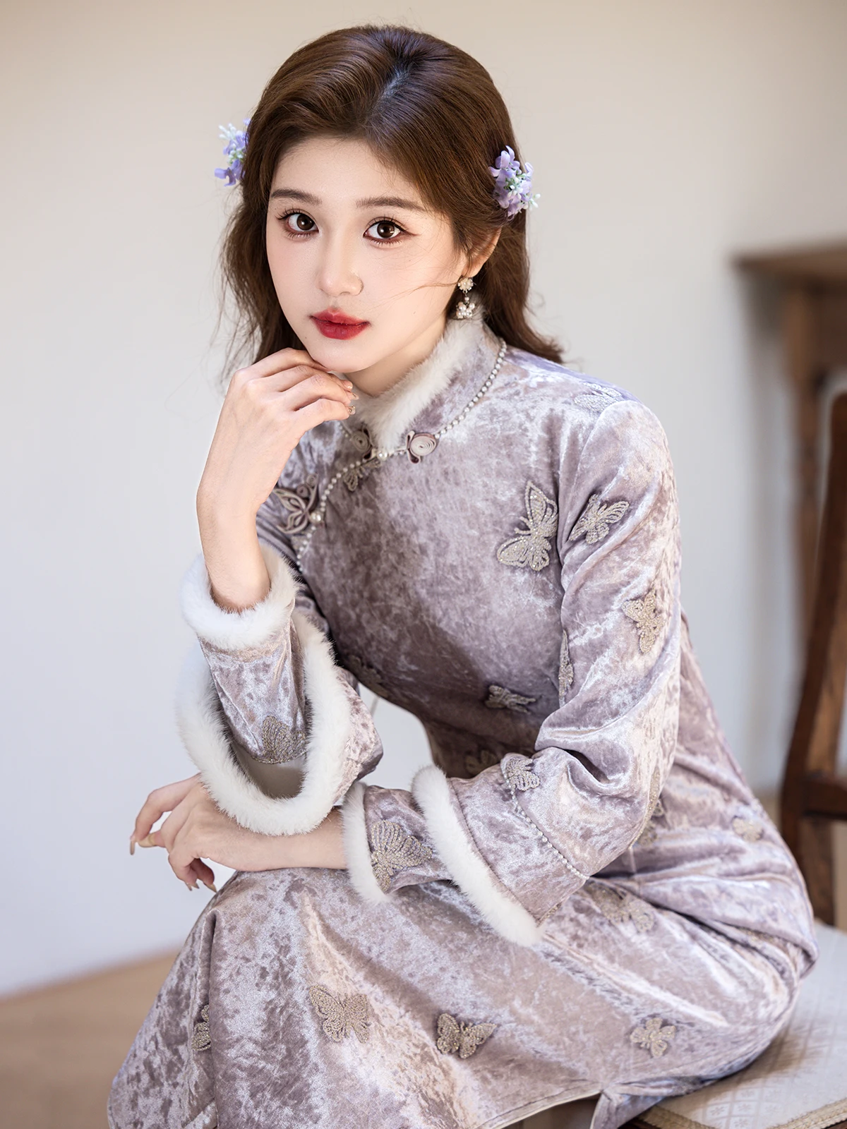 

Ruyun LanFangHua Embroidered Long Sve Velvet Collar Women's Winter Warm Daily Wear Traditional Chinese Sle Dr