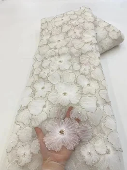 Beyaz moda fransız örgü 3D çiçekler nakış Beadeds dantel payetli kumaş için afrika nijeryalı kumaş düğün elbisesi