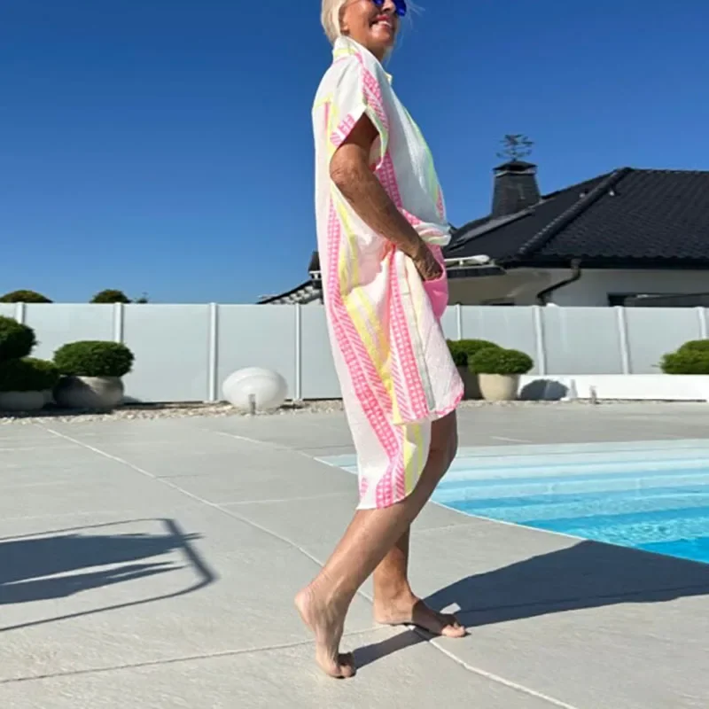 Robe longue décontractée pour femmes, tenue de plage, fente unie, simple boutonnage, chemise à revers, manches courtes, ample, printemps, été