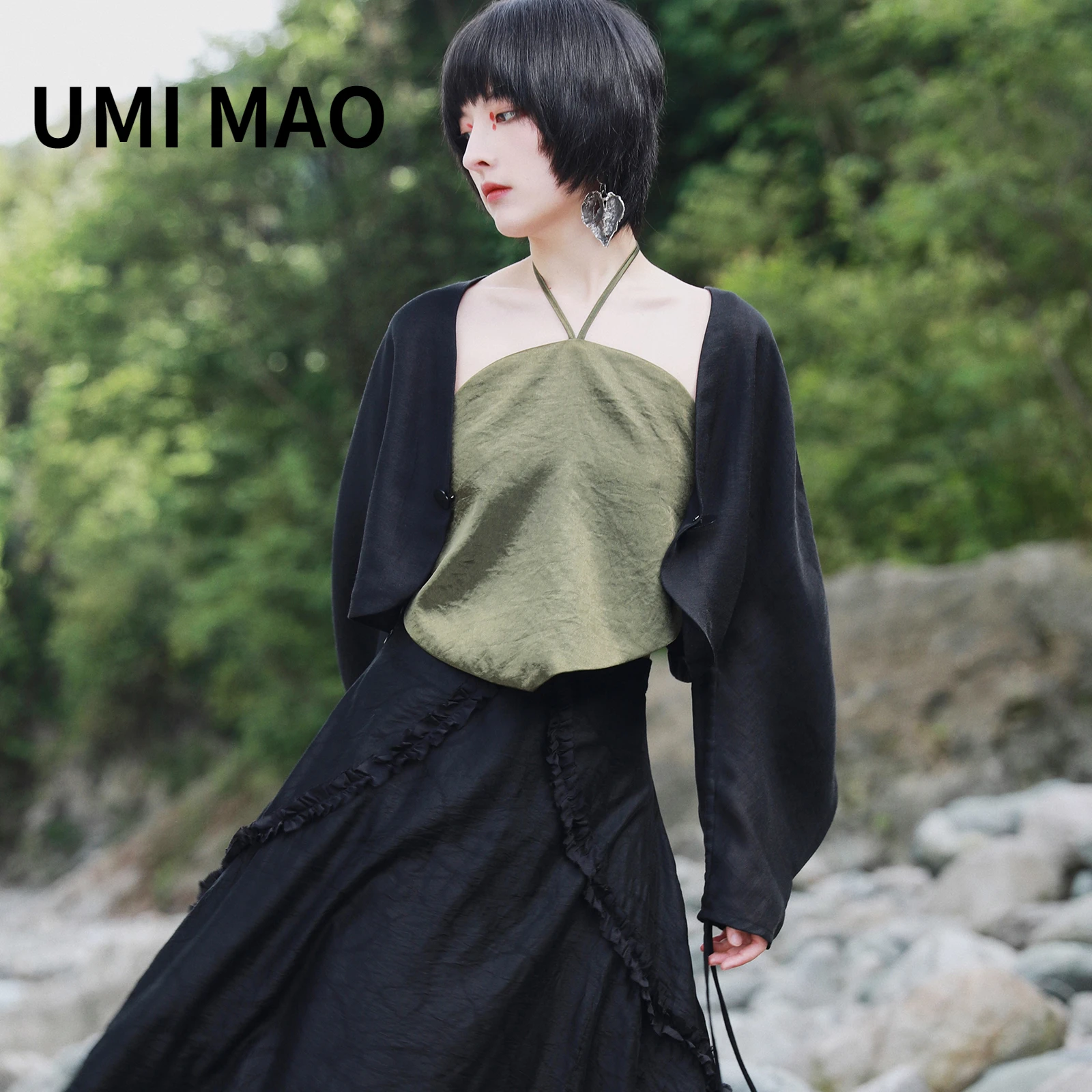 

UMI MAO Black Green Chinese Style Neck Tie Up Belly Pocket Women's Short Suspender Top Inside Women Femme Y2K