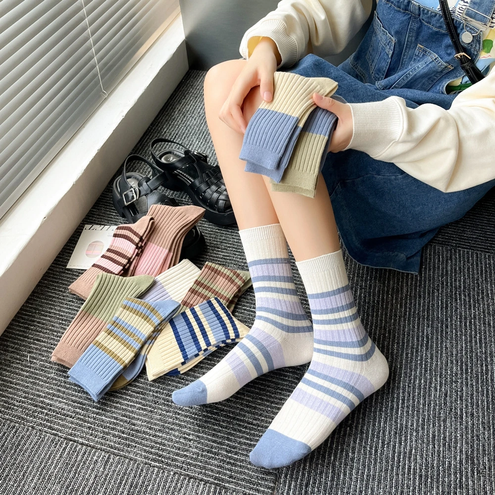 

Мужские носки, хлопковые носки с цветными блоками, унисекс, средние чулки-трубы для женщин, универсальные чулки для отдыха, дышащие, впитывающие пот