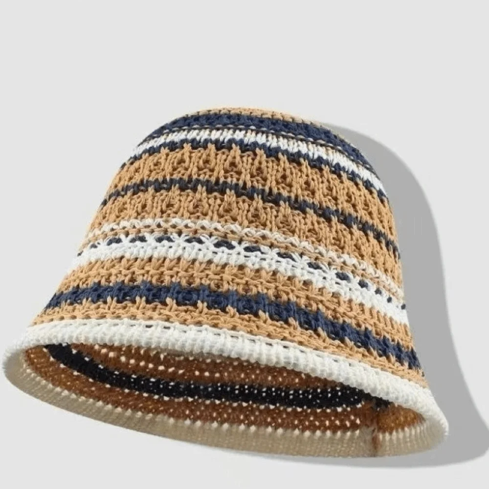 Striped Knitted Hollow Fisherman Hat Big Eaves Breathable Crochet Bucket Hat Multicolor UV Protection Straw Bucket Cap Summer