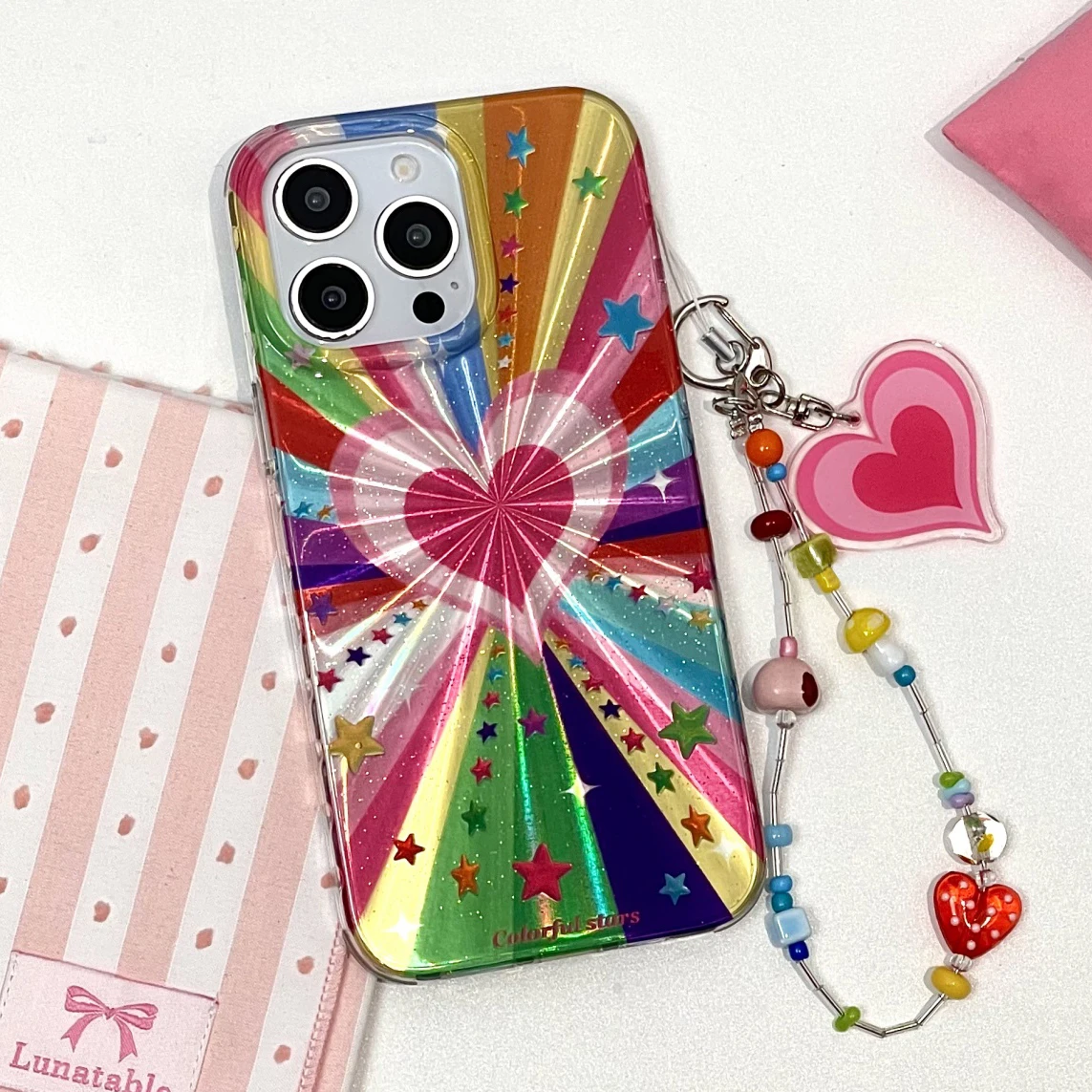 

Cute Heart Colorful Rainbow Star Glitter Phone Case for IPhone 14 15 16 Pro Max 15pro 13 IMD Silicone Shockproof Back Cover Case