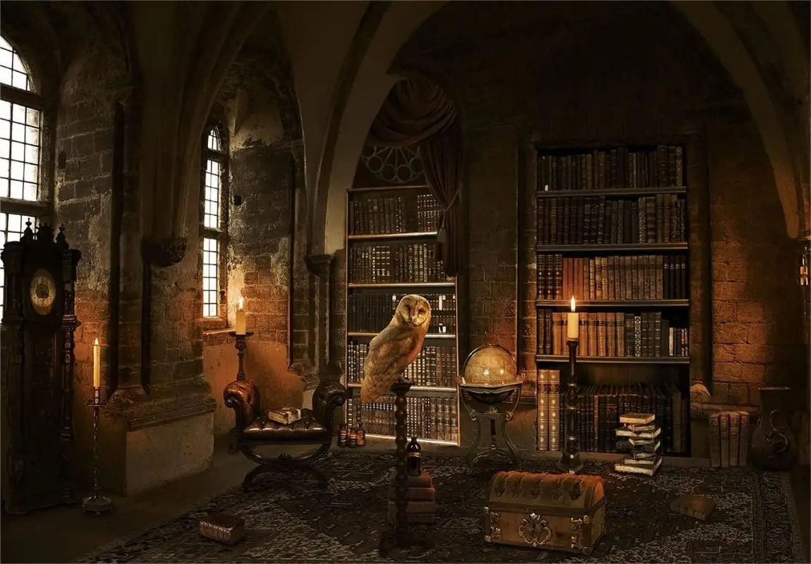 Halloween Backdrop for Photography Wizard Magic School Bookshelf Bookcase Candle Owl Ancient Library Background Party Decoration