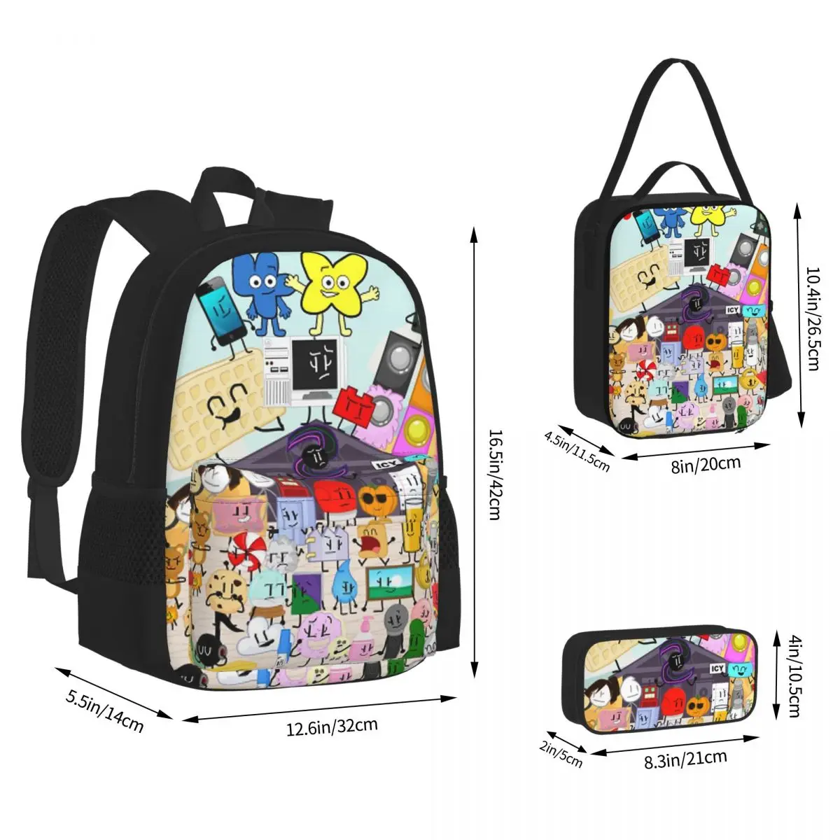 Object-All-Stars Poster BFDI Backpacks Boys Girls Bookbag Students School Bags Kids Rucksack Lunch Bag Pen Bag Three-Piece Set