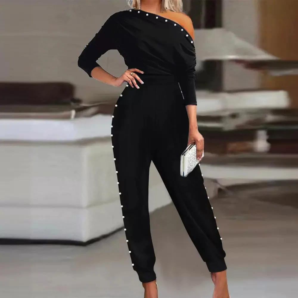 

Sexy Jumpsuit Women Elegant Fashion 2024 Summer Casual Female Outfits Ruched Cold Shoulder Beaded Decor Conjoined Body Pants