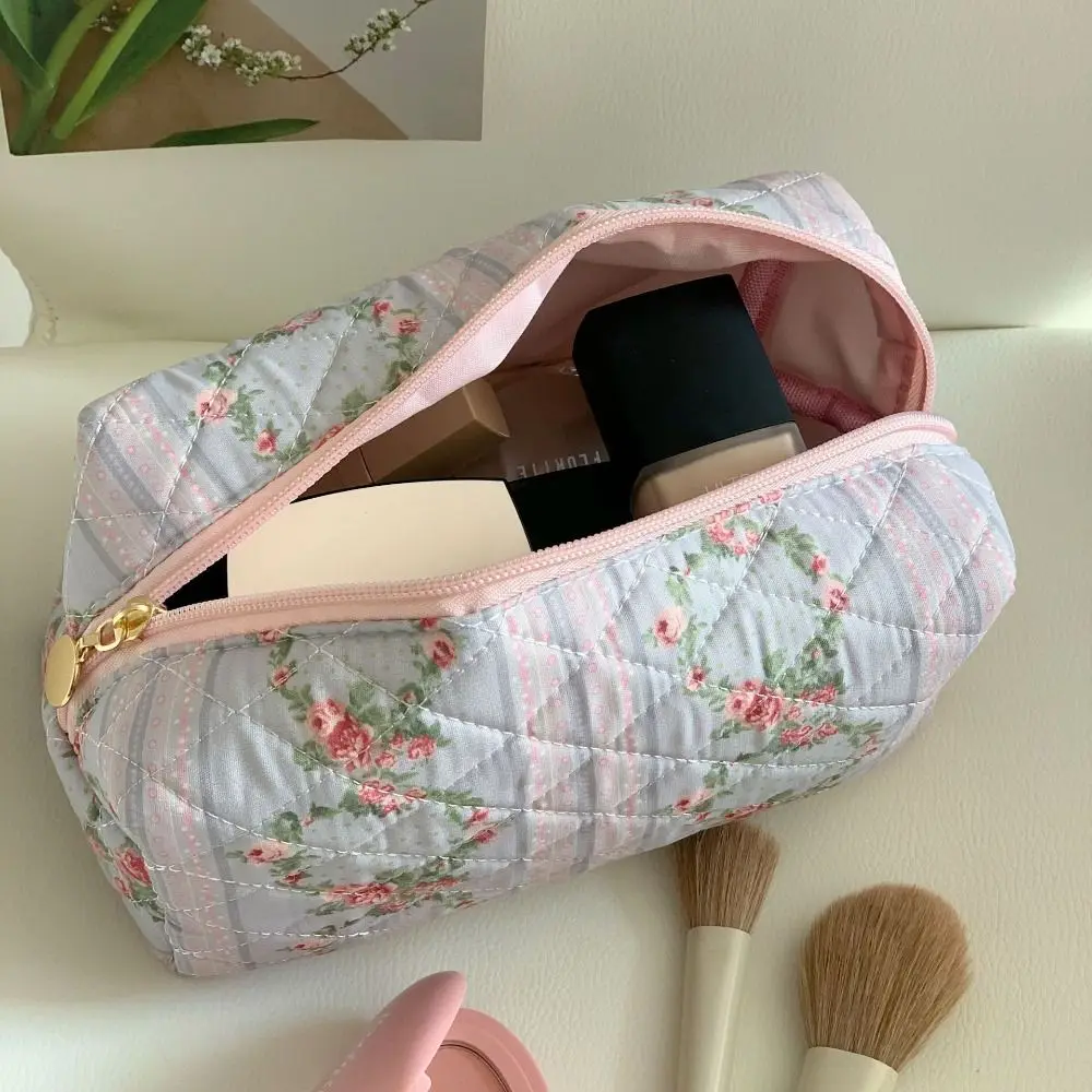 Saco de maquiagem floral de grande capacidade, multifuncional, escova impressa flor saco de armazenamento, alça Puffy Travel Cosmetics Box