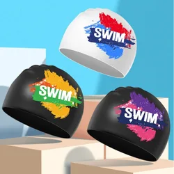 Elastic Silicone Waterproof Letter Swimming Caps Men Women Personality Protect Ears Long Hair Thickened Lightweight Diving Hat