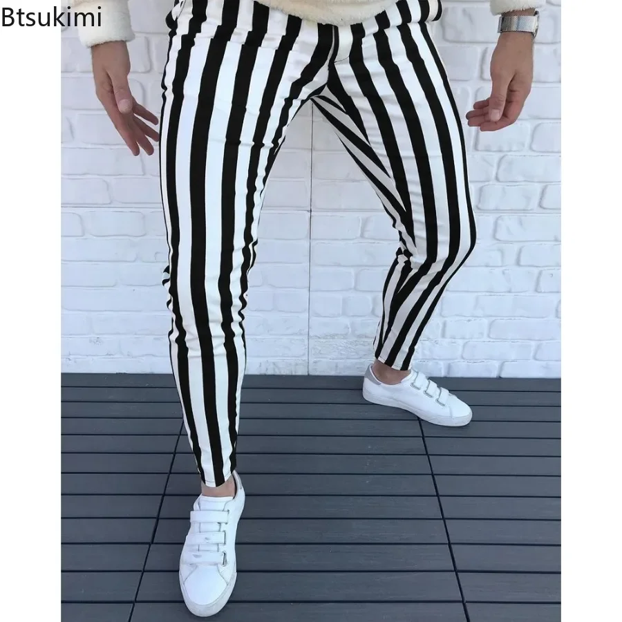 New 2025 Men's Casual Pants Men Stretch Ankle-length Pants Pencil Pants with Pockets Male Fashion Slim Striped Business Trousers