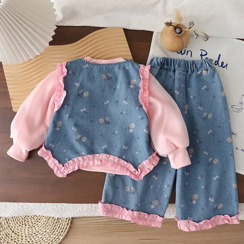 Girls Set Spring Autumn Clothing New Children's Floral Vest Long Sleeve T-Shirt Denim Pants Set Kids Fashion 3 Piece Outfit