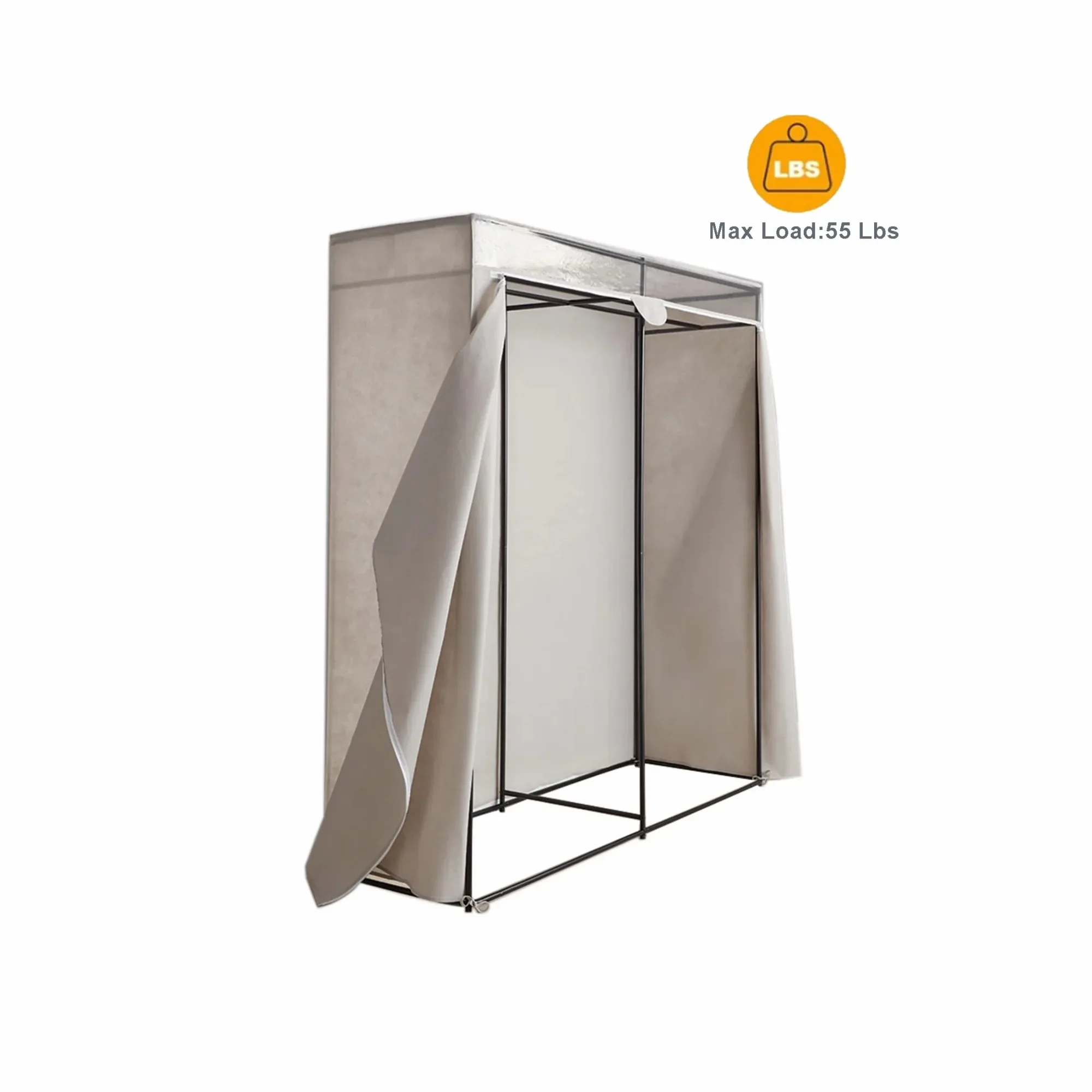 単層洋服クローゼット、60インチ、エクストラワイド。 スチールフレーム、グレー軽石、ジッパー付きカバー。 大人用、省スペース