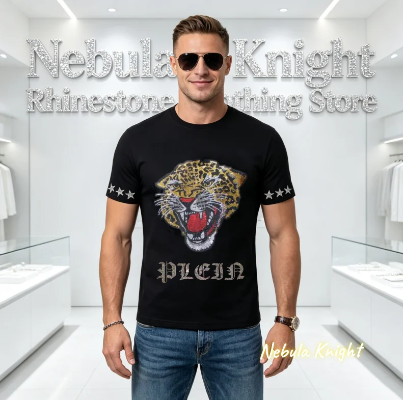 Men's Hip Hop O-Neck Cotton T-Shirt Sparkly Rhinestone Crystal Decor Short Sleeve Casual Tee for Street Fashion Streetwear