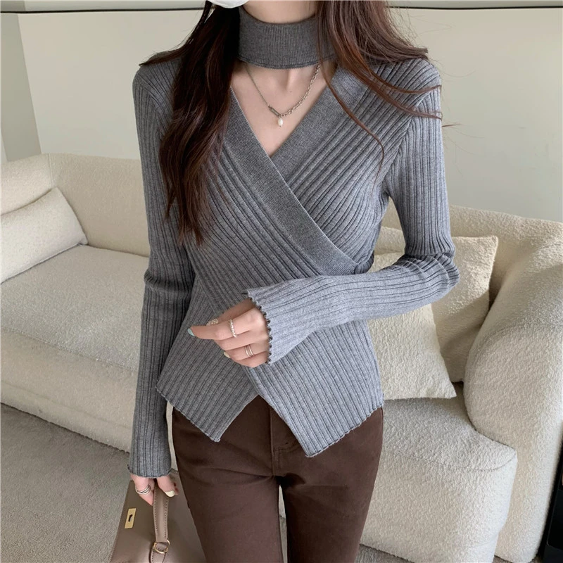 Korean Fashion Women halter Sweaters Autumn Winter Long Sleeve Irregular Knitted Sweater Female Casual Pullover jumper slim Tops