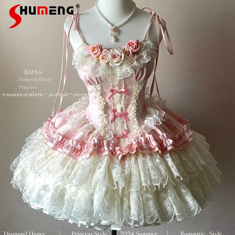 

2024 Summer New Japanese Rojita Style Vestidos De Mujer Sleeveless Suspender Lolita Romantic Rose Dark Pattern Jsk Dress Female