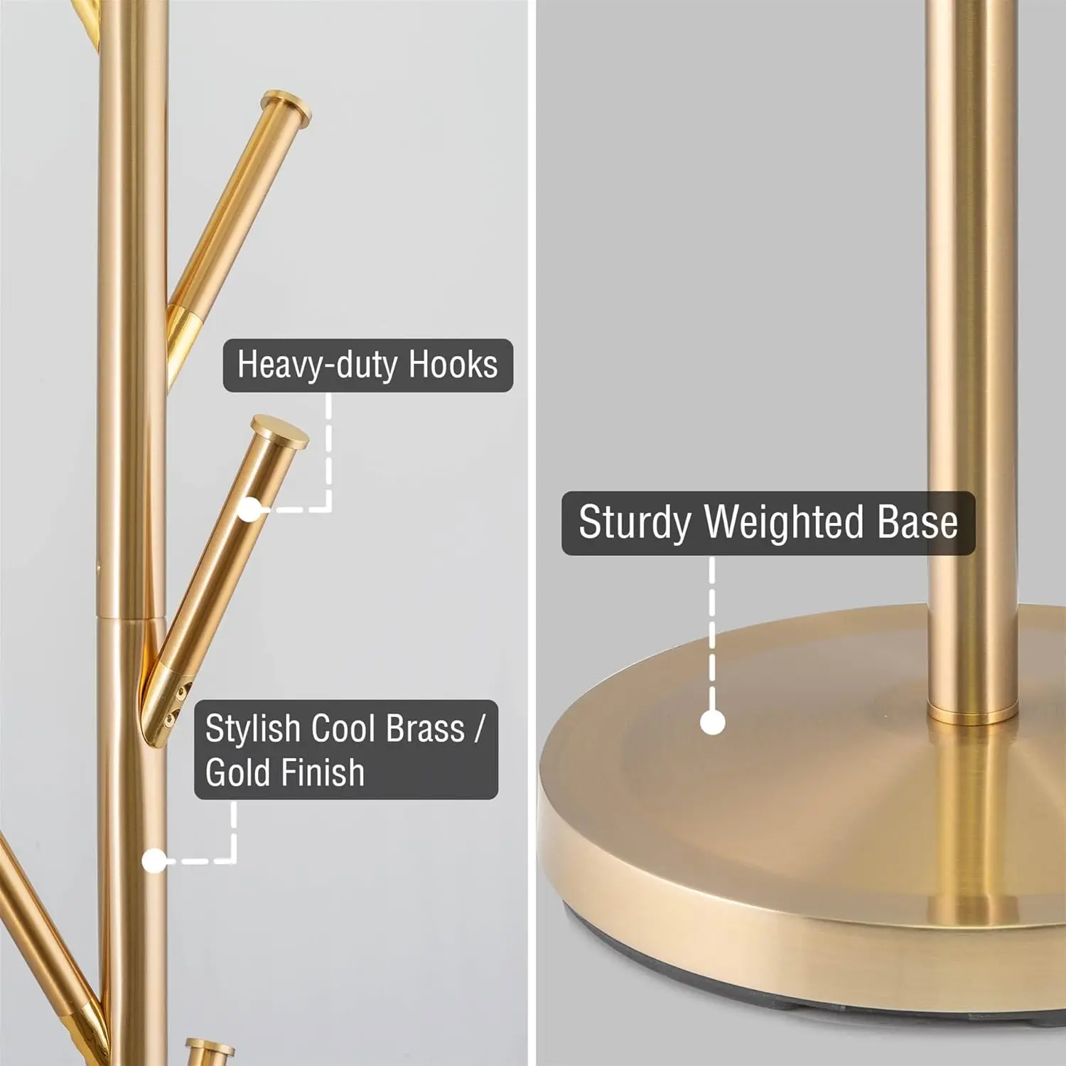 Addison 68" Modern 6 Hook Free Standing Metal Coat Rack, Weighted Base, Cool Brass Finish
