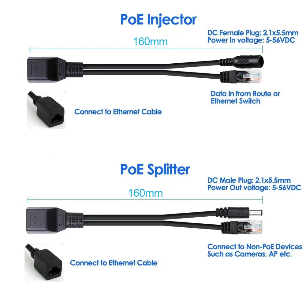 Poe spliter 48v a 12v, à prova d\'água, com vídeo e adaptador de alimentação, módulo de alimentação do cabo, injetor para câmera ip extensor