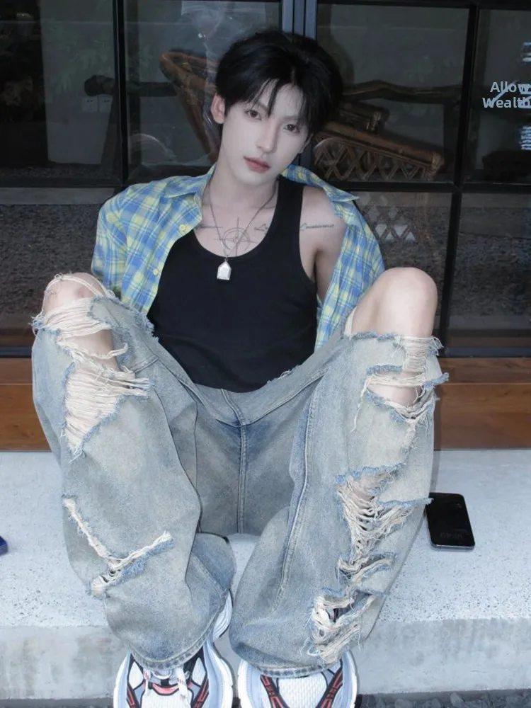 

Ripped Denim Jeans High Street Style American Straight Leg Trousers Trendy Fall Winter Casual Loose Fit mid Waist Zipper