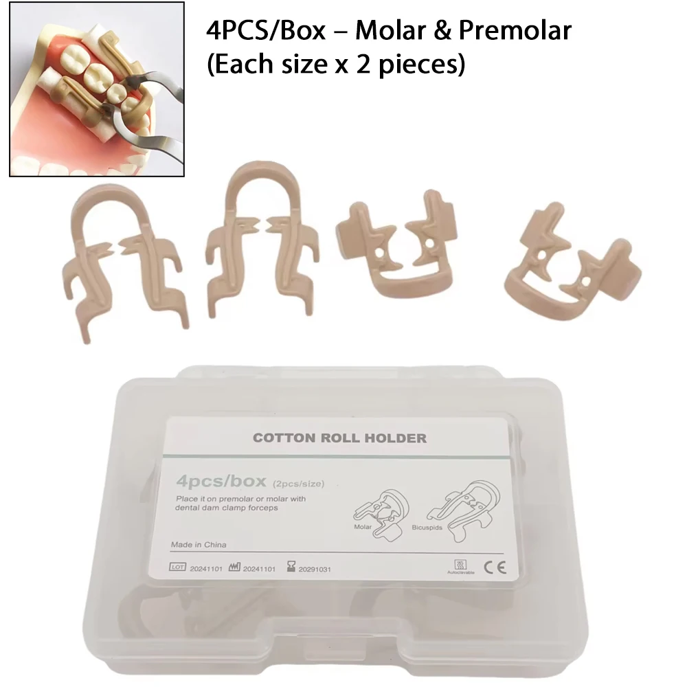 

4Pcs Dental Cotton Roll Clips Set Resin Hemostatic Clamps for Molar Premolar Endodontic Restorative Dental Tools
