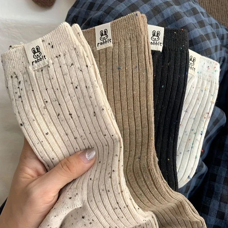 4 Pairs Rabbit Brand Socks - Mid-Calf Knit Fabric Casual Japanese Style, All-Season Solid Color, Women'S Hosiery & Stockings