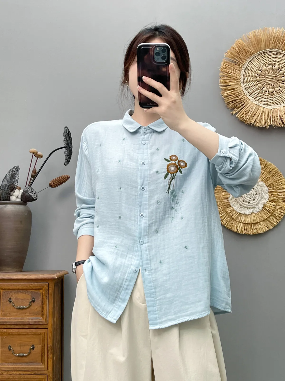 100% Cotton Yarn Shirts Women Autumn Spring Floral Embroidery Blouses Long Sleeve Lady Tops Plus Size Women Clothing