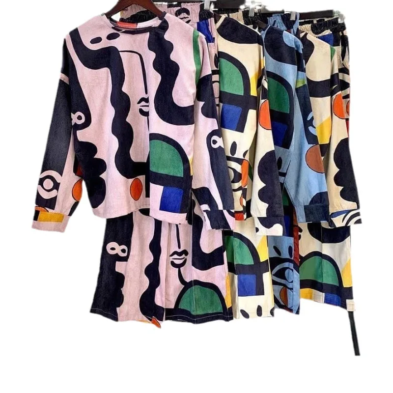 Moda graffiti impressão t camisa calças compridas conjunto feminino primavera outono novo esporte solto em linha reta através de calças compridas feminino 2 peça conjunto