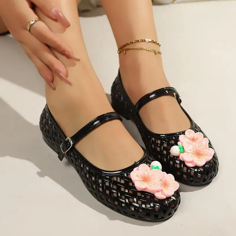 Women's Transparent Crystal Jelly Shoes 2026 Summer Korean Retro Flower Mary Jane Flats Shoes Woman Soft Sole Hollowout Clogs