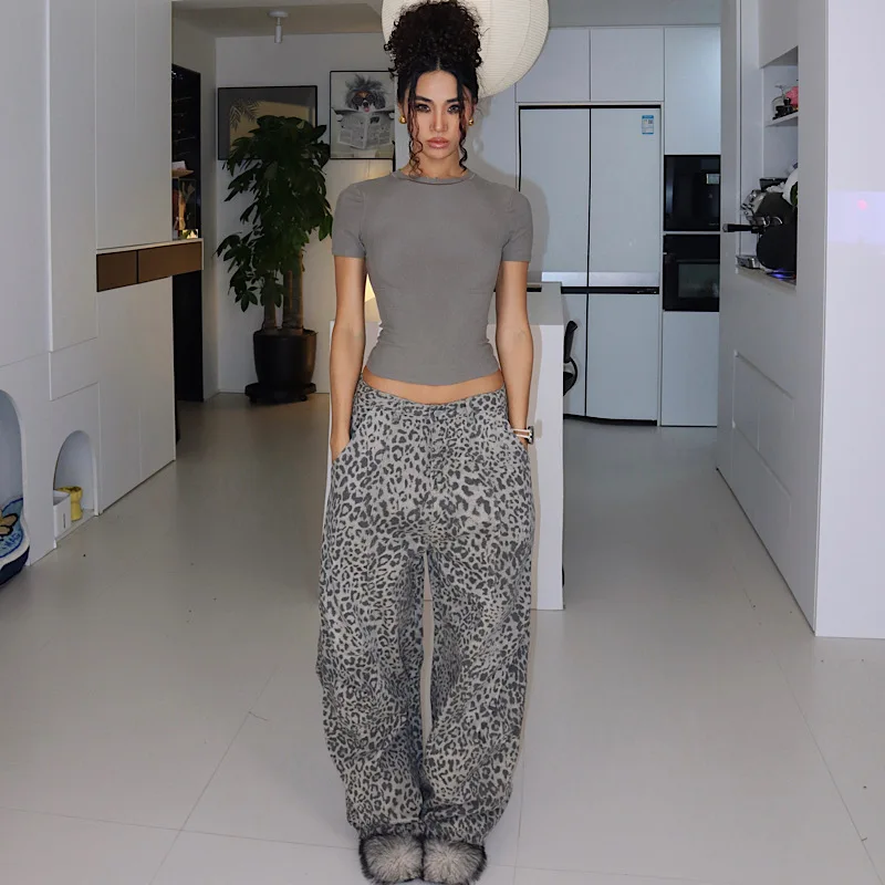 

Washed American Style Leopard Print Wide Leg Jeans Women's Summer New Old Feel Denim Pants Cotton Natural Waist No Stretch