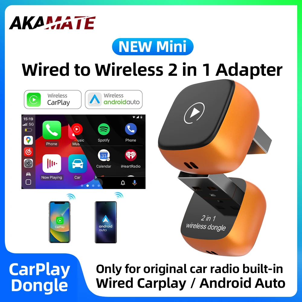 

Беспроводной адаптер CarPlay 2-в-1 Orange: проводной CarPlay и Android Auto в беспроводные версии, Bluetooth для iPhone и Android-смартфонов, Plug and Play