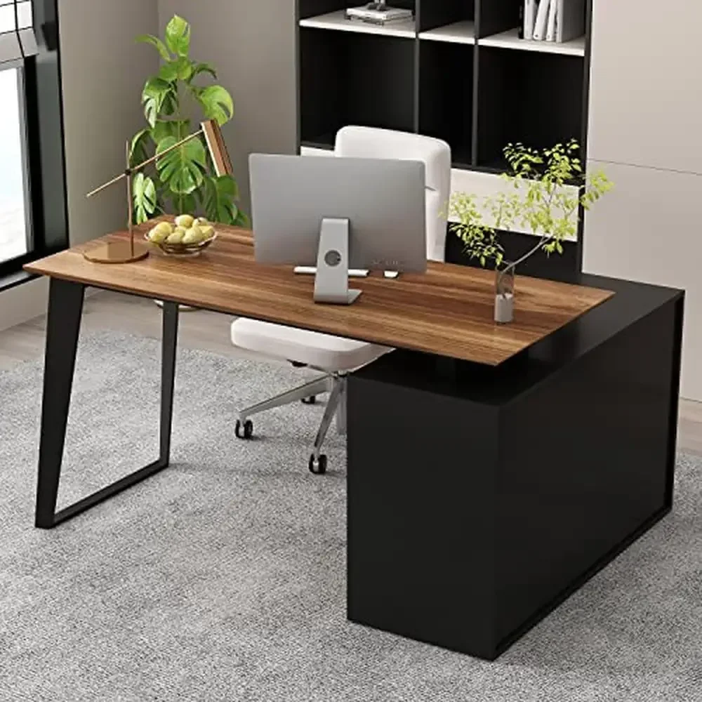 L-Shaped Office Computer Desk with Storage Cabinet Drawers Shelving Space-saving 55 Inch Industrial Style Writing Table