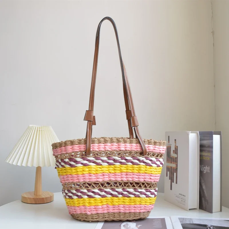 SHINE Casual Colorful Stripe Straw Woven Luxury Shoulder Bags 2023 Hot Sale Holiday Travel Ladies Large Designer Handbags