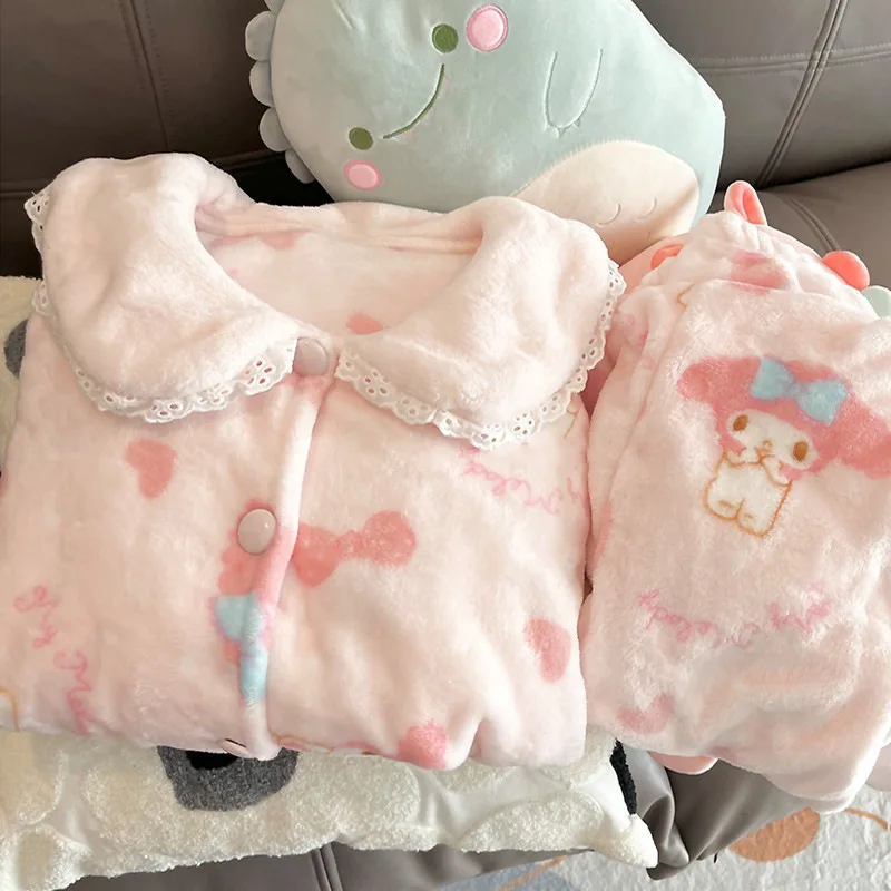 

Sanrio Melody Coral Fleece Sleepwear for Women In Autumn and Winter Thickened Plush Suitable Keep Warm for Outdoor Home Wear