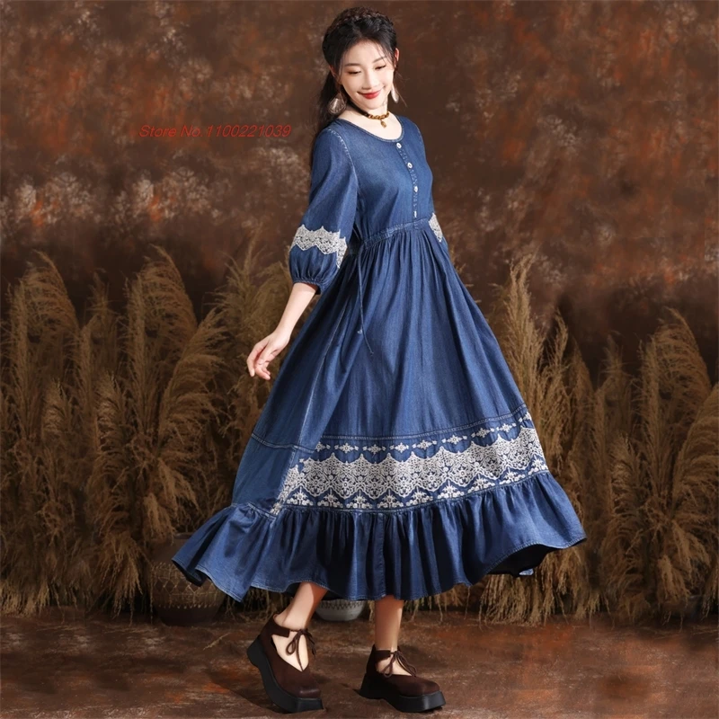 2024 chinese traditional dress streetwear national flower embroidery o-neck denim dress oriental vintage a-line folk dress