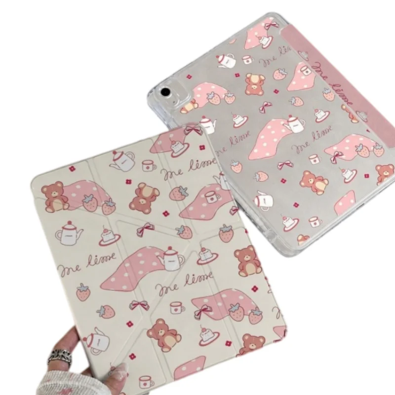 Cartoon Bear Strawberry Teapot Pen Slot Tablet Case For iPad 2026 Air 8 7 6 4 3 2 1 Pro 2024 11in 12th 11 10 9 8 7 6 5th Cover
