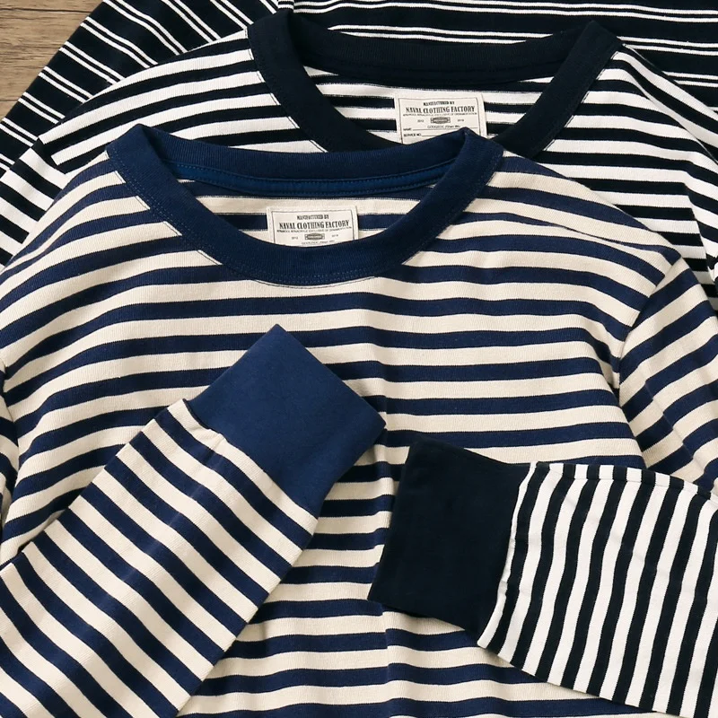 Classic Blue White Striped Long Sleeved T-shirt Men's American Retro Sports T-shirt Spring Autumn Unisex Amikaji Sea Soul Shirt