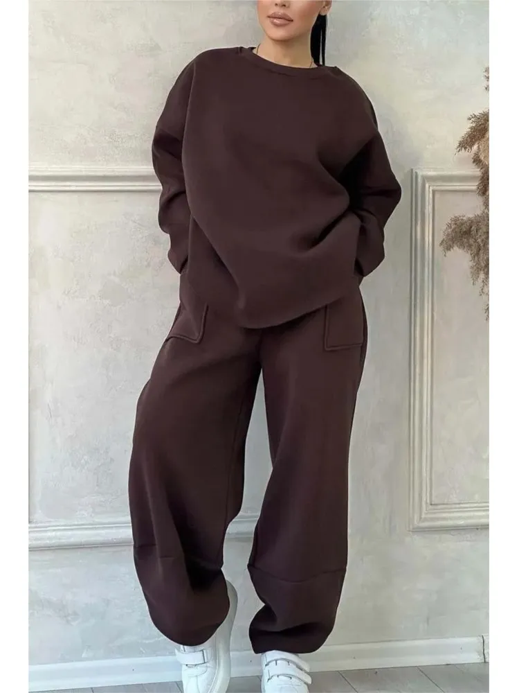 Autumn Winter Casual Loose Sweatshirt 2-piece Sets New Women\'s Round Neck Long-sleeved Pocket trousers Sports Two-piece Suit