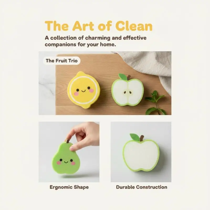 Cute Cartoon Fruit Dish Sponge Brush Easy to Hang Quick Dry Non-Scratch Kitchen Cleaning Gadget for Pots Pans