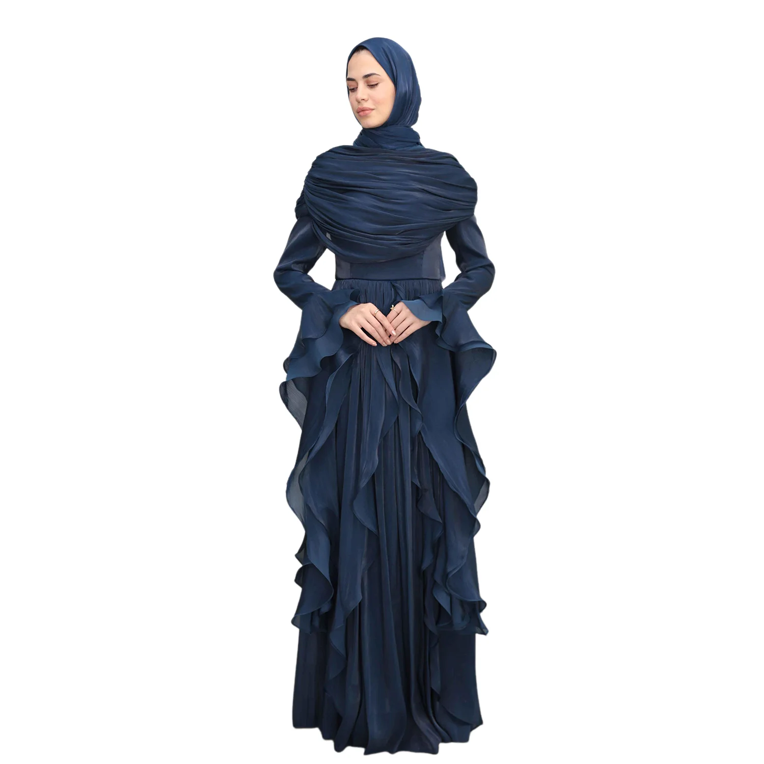 

Праздничное мусульманское платье-абайя для женщин с расклешенными рукавами, вечернее макси-платье с эффектом жатки, джалабия, исламская одежда, кафтан, роба